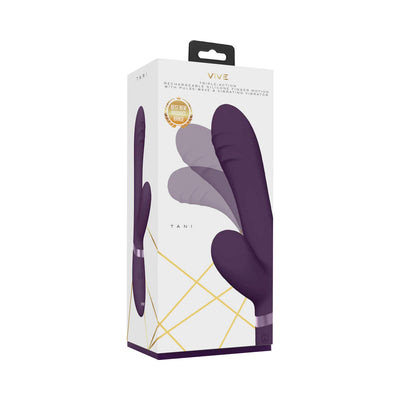 Packaging box of Vive Tani triple-motor rechargeable silicone finger motion vibrator in deep purple.