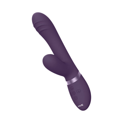 Purple silicone triple-motor vibrator with curved shaft, clitoral stimulator, and control buttons on the handle.