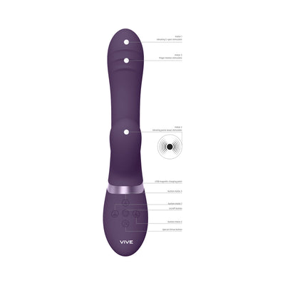 Purple Vive Tani triple-motor silicone vibrator with labeled buttons and motor functions for targeted stimulation.
