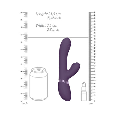 Purple triple-motor silicone vibrator with curved design, shown with size comparison to soda can and lipstick.