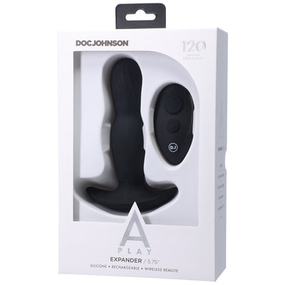 Doc Johnson A Play Expander black silicone rechargeable anal plug with wireless remote in white retail packaging.