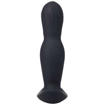 Black rechargeable silicone anal plug with a contoured expanding design and flared base.