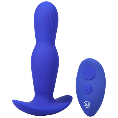 Blue silicone anal plug with ergonomic shape and matching wireless remote control.