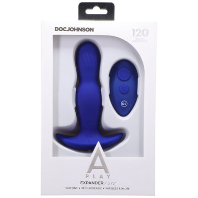 Doc Johnson A Play Expander rechargeable blue silicone anal plug with wireless remote in white retail packaging.