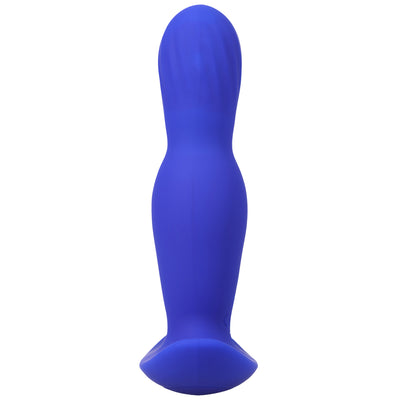 Blue silicone rechargeable anal plug with ergonomic shape and textured tip, designed for expanding and vibrating pleasure.