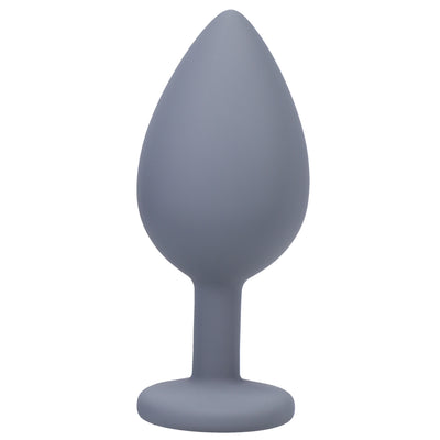 Single gray silicone tapered butt plug with a narrow stem and wide base for safe, comfortable use.