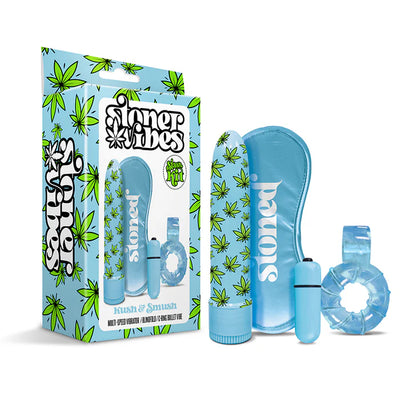 Blue Stoner Vibes stash kit with multi-speed vibrator, vibrating ring, bullet, and satin blindfold in cannabis leaf design.