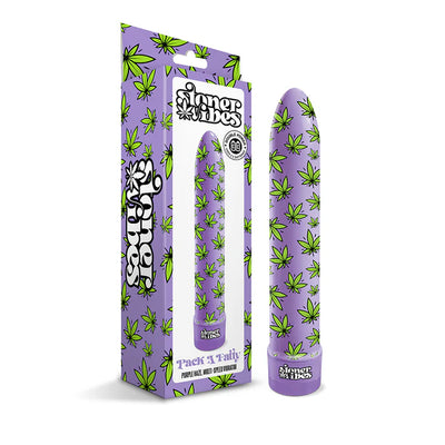 Purple vibrator with green leaf pattern and matching packaging labeled Stoner Vibes Pack A Fatty multi-speed vibe.