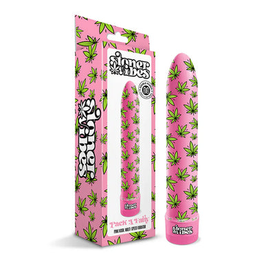 Pink vibrator with green leaf pattern and matching packaging, featuring a sleek, smooth design and twist base control.