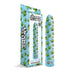 Blue vibrator with green leaf pattern and matching box, featuring Stoner Vibes branding and multi-speed control base.