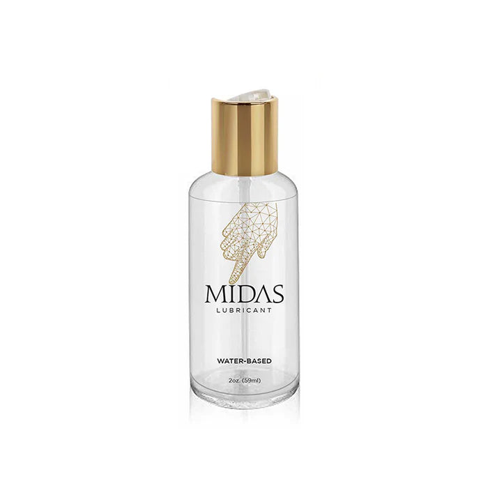 Clear 2oz Midas water-based lubricant bottle with gold cap and geometric hand logo on label