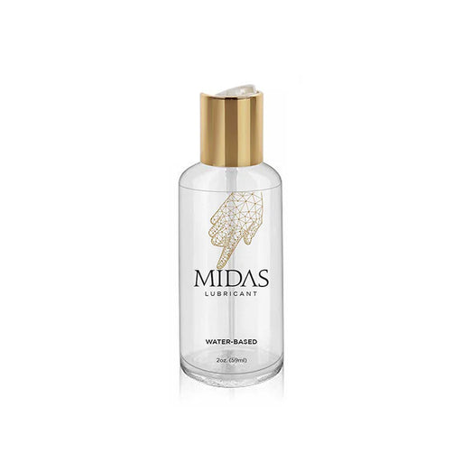 Clear 2oz Midas water-based lubricant bottle with gold cap and geometric hand logo on label