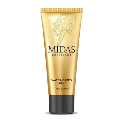 Gold tube of Midas water-based lubricant gel with black cap and geometric hand design on front.