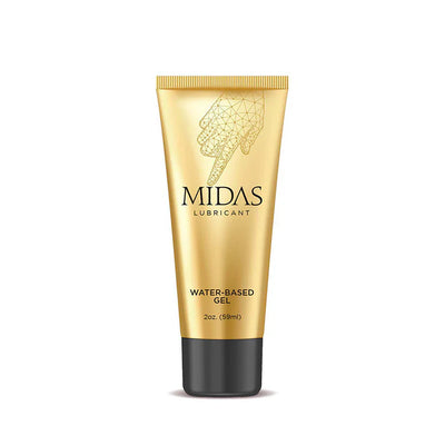 Tube of Midas water-based lubricant gel in gold packaging with black cap, 2 oz size.