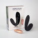 Hercules black C-shape vibrating plug with rose gold remote and product packaging on white background.