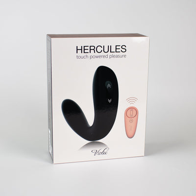 Packaging of Hercules Remote C-shape Vibrating Plug by Violec showing the product and its remote control on a white background.