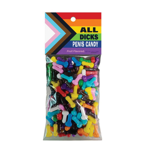 Colorful fruit-flavored novelty candies in a clear bag with a rainbow Pride-themed label.