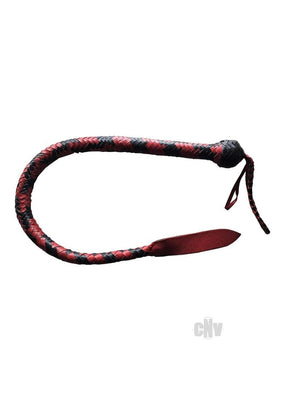 Hand braided red and black genuine leather devil tail whip with loop wrist strap, 36-inch length.