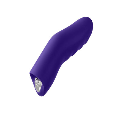 Dark purple wearable finger vibrator with ergonomic shape and textured surface for targeted stimulation.