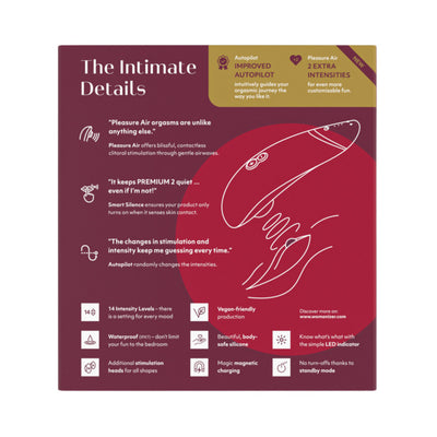 Womanizer Premium 2 product box back showing features like Pleasure Air technology, 14 intensity levels, waterproof, and improved Autopilot mode.
