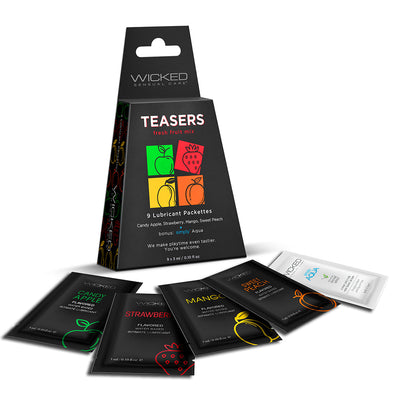 Wicked Teasers Fresh Fruit Mix box with nine 3ml flavored lubricant packets including candy apple, strawberry, mango, sweet peach, and aqua.