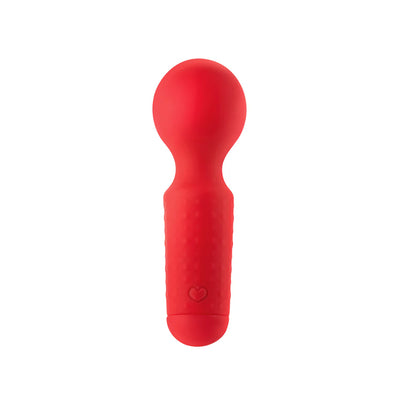 Compact red silicone mini wand massager with textured grip and rounded head for targeted vibration.