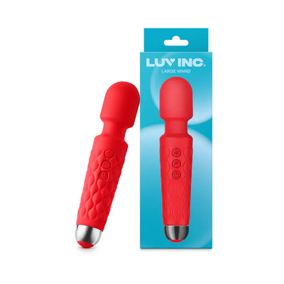 Red silicone large vibrating wand with textured grip and control buttons, shown next to its blue packaging box.