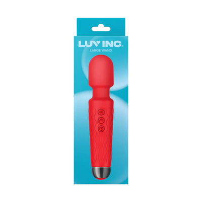 Red silicone large vibrating wand with textured grip and control buttons in blue retail packaging.