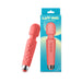Coral pink silicone large wand vibrator with textured handle and control buttons, shown with blue packaging box.
