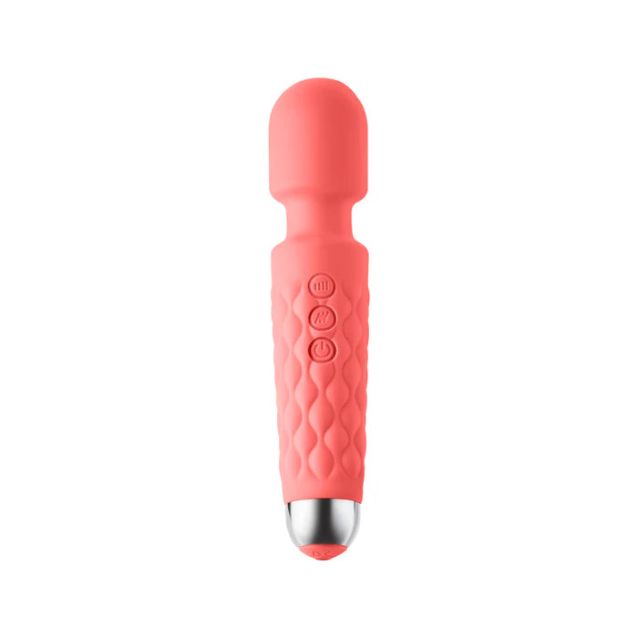 Coral pink silicone large wand vibrator with textured grip and three control buttons on handle.