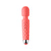 Coral pink silicone large wand vibrator with textured grip and three control buttons on handle.