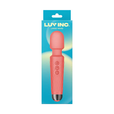 Coral silicone large wand vibrator with textured handle and control buttons in blue retail packaging.