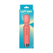 Coral silicone large wand vibrator with textured handle and control buttons in blue retail packaging.