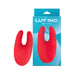Red silicone Mini Bunny vibrator by Luv Inc with dual prongs shown next to its blue packaging box.