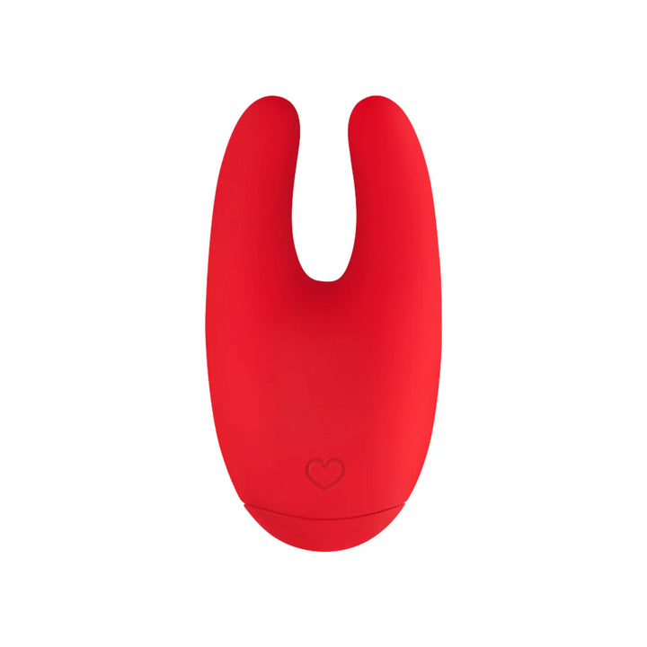 Red silicone Mini Bunny vibrator with dual prongs and heart-shaped logo on a white background.