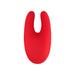 Red silicone Mini Bunny vibrator with dual prongs and heart-shaped logo on a white background.