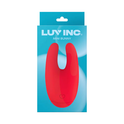 Red silicone Mini Bunny vibrator in blue Luv Inc packaging with heart logo and product name.