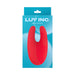 Red silicone Mini Bunny vibrator in blue Luv Inc packaging with heart logo and product name.