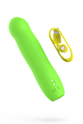 Green silicone rechargeable massager with yellow USB magnetic charging cable on white background.