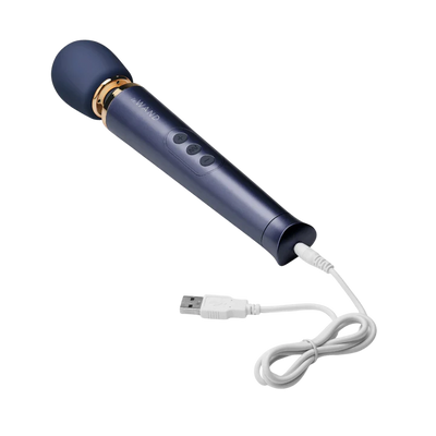 Le Wand Petite rechargeable massager in violet with USB charging cable and control buttons visible.