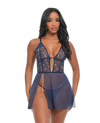 Bleu Floral Embroidered V-Plunge Babydoll w/Chain Tassel, Chain Garter, & G-String - Navy MD