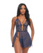 Bleu Floral Embroidered V-Plunge Babydoll w/Chain Tassel, Chain Garter, & G-String - Navy MD