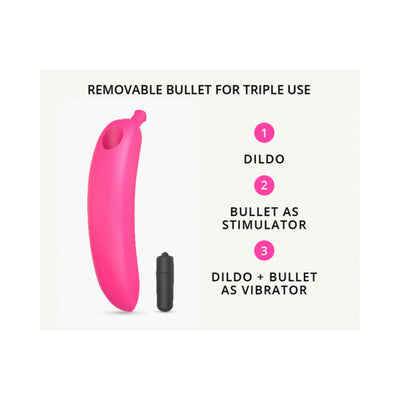 Pink silicone dildo with removable black bullet vibrator for triple use options shown in diagram.