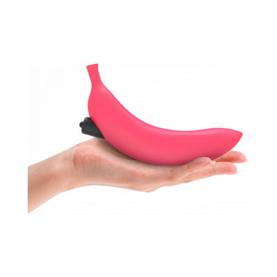 Hand holding a sleek pink silicone vibrator with a curved design and black control button.