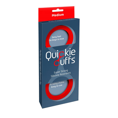 Quickie Cuffs Medium in red silicone packaging highlighting easy-to-use, keyless, quiet restraints.