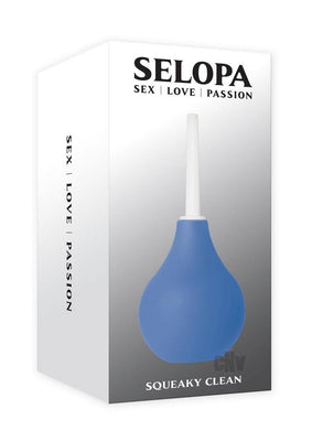 Selopa Squeaky Clean Blue anal douche with silicone bulb and white nozzle in sleek packaging.