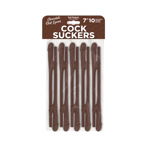 Pack of ten reusable chocolate-colored novelty straws with playful design for adult parties.