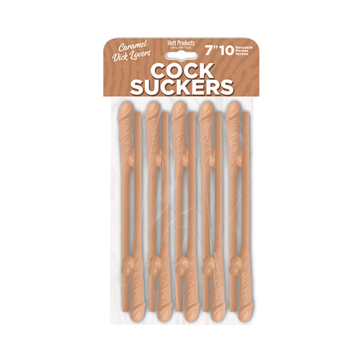 Pack of 10 caramel-colored novelty reusable straws shaped with playful detailing for adult parties and events.