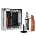 Blush Lock On Karbonite handle kit in mocha with realistic dildo, suction cup, and travel box displayed on white background.