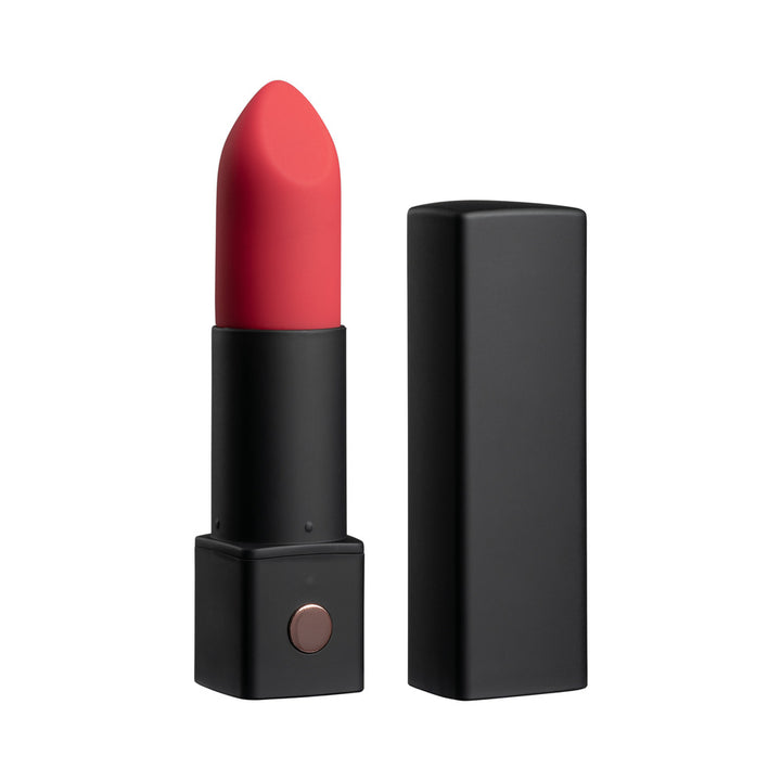 Black-cased red lipstick-shaped vibrator with removable cap and single button on base, discreet design.